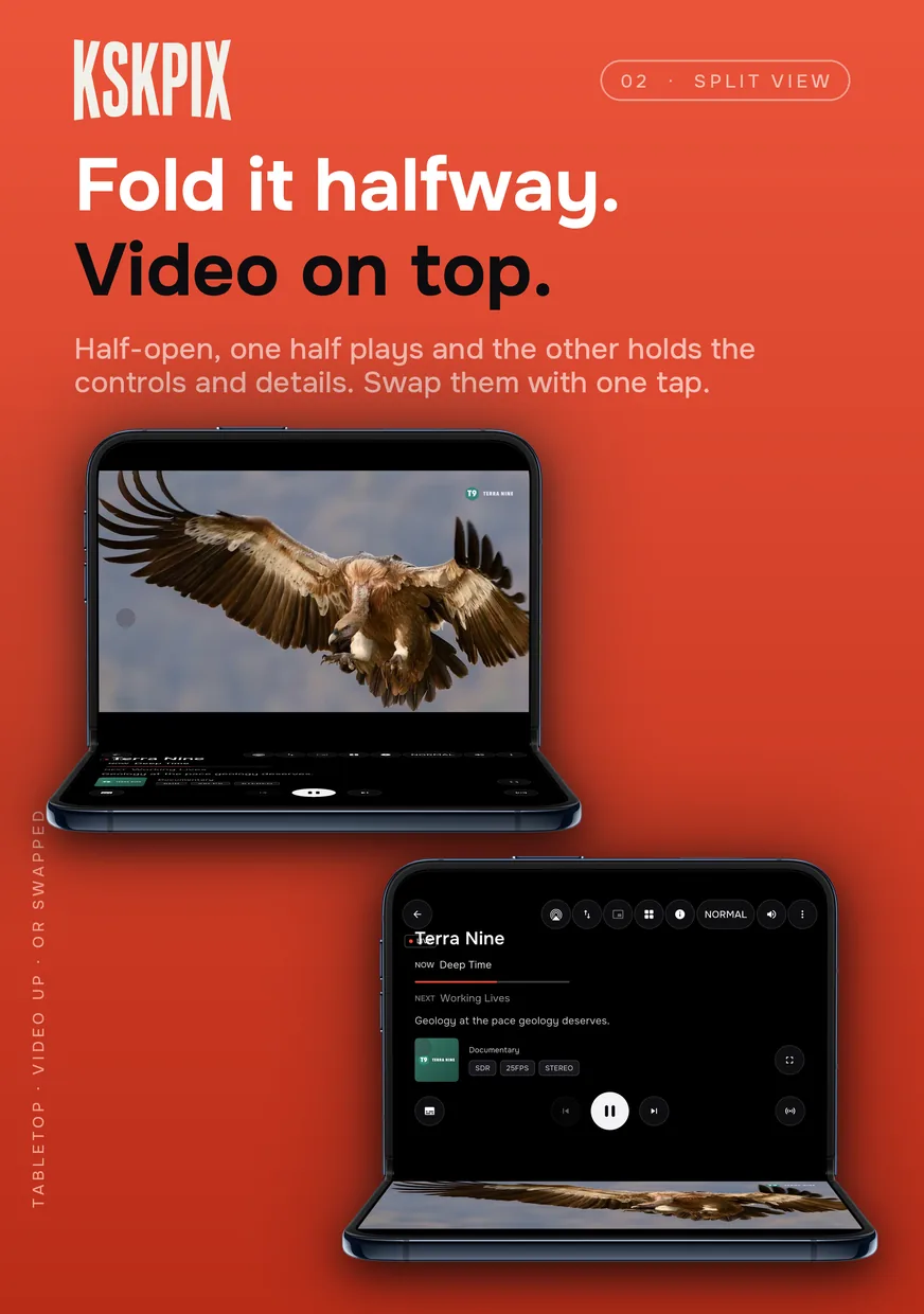 Fold it halfway. Video on top. Tabletop split view on an iPhone Duo