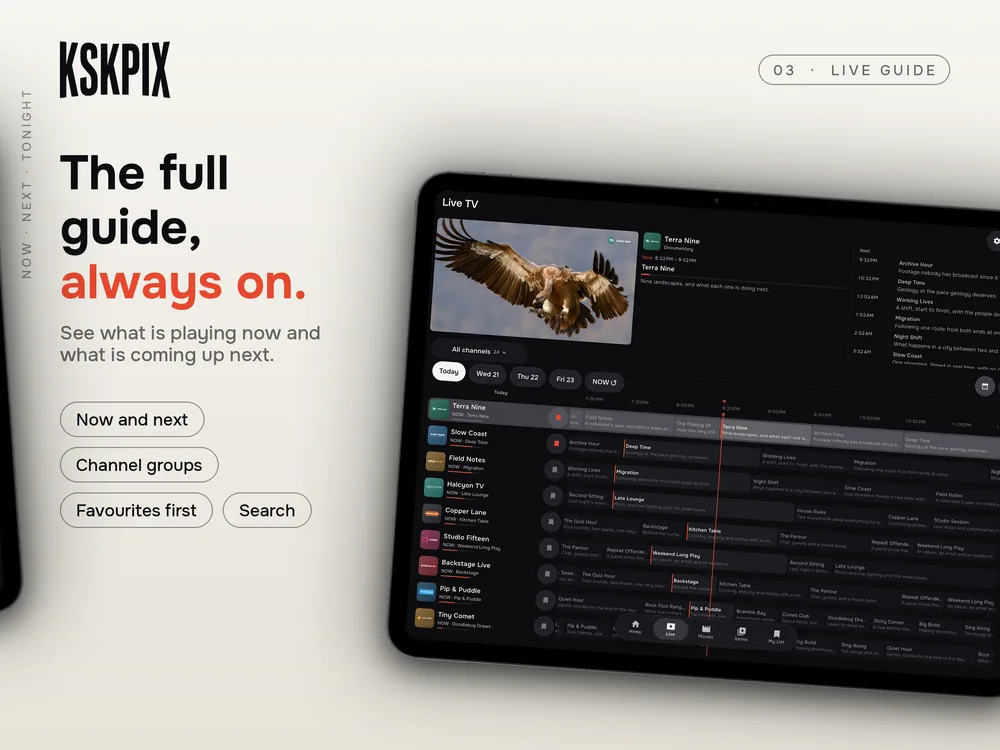 The full guide, always on. Live TV guide on an iPad
