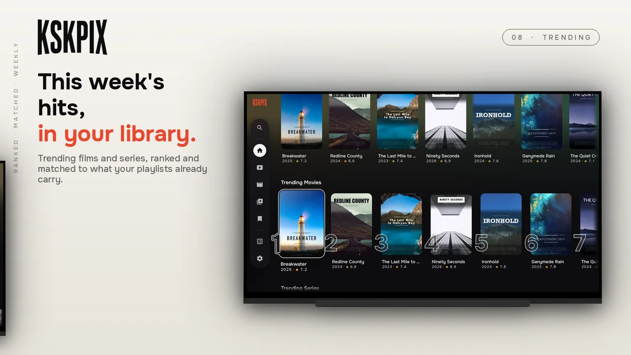 This week's hits, in your library. Trending rows on an Android TV