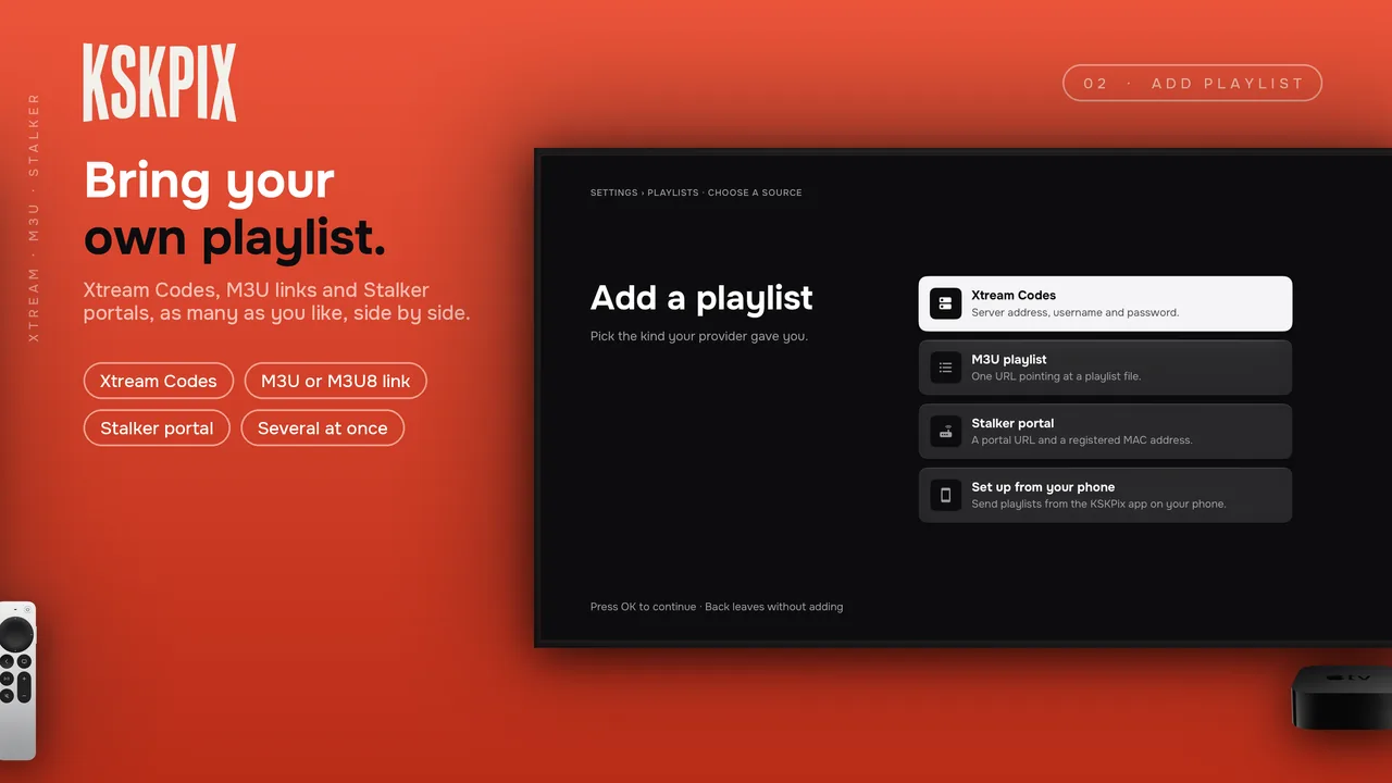 Bring your own playlist. Add playlist screen on an Apple TV