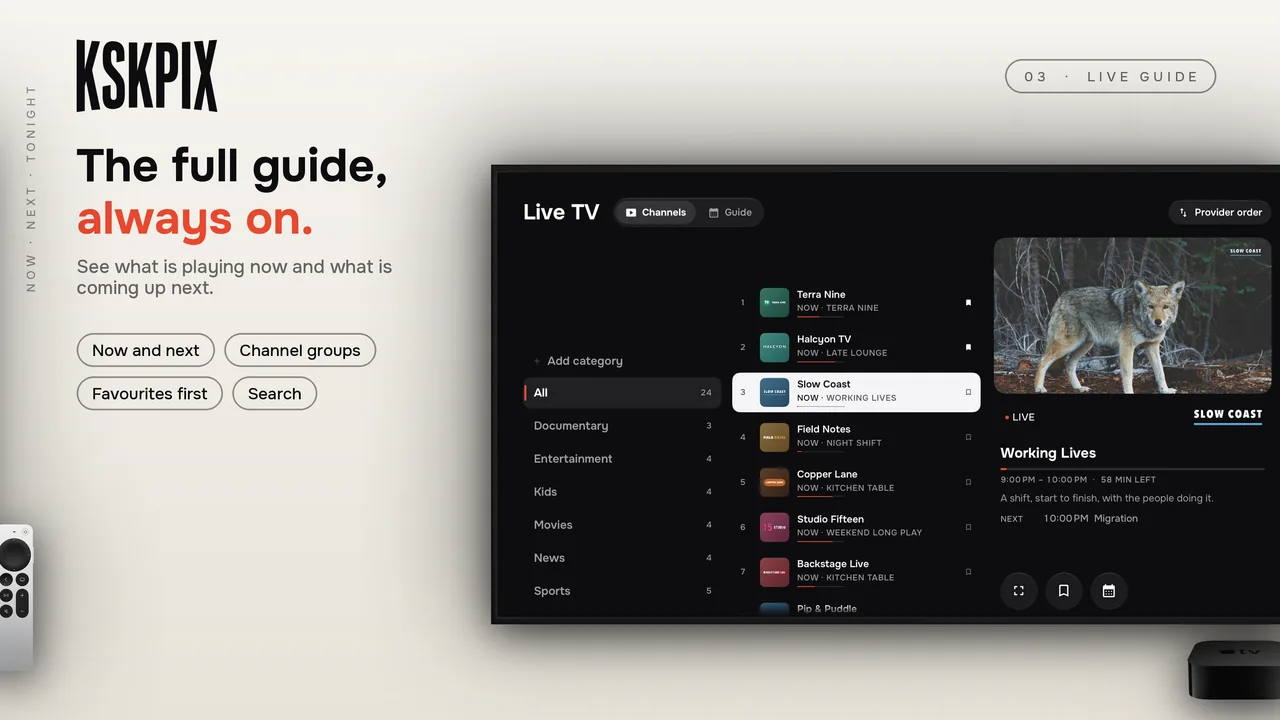 The full guide, always on. Live TV guide on an Apple TV