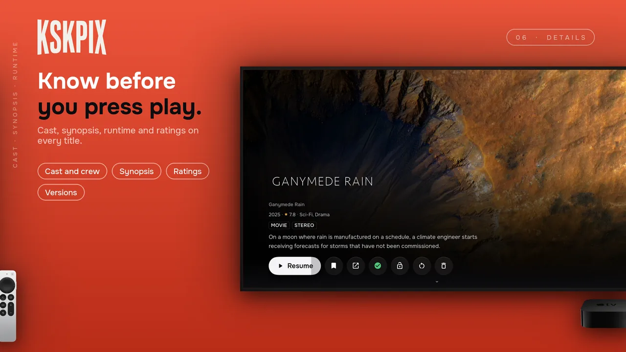 Know before you press play. Title detail page on an Apple TV