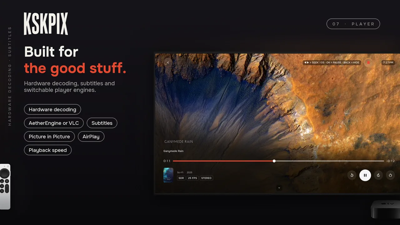 Built for the good stuff. Video player on an Apple TV