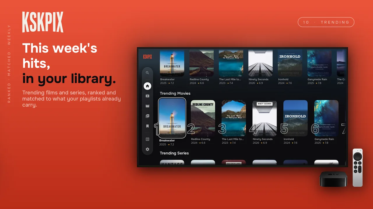 This week's hits, in your library. Trending rows on an Apple TV